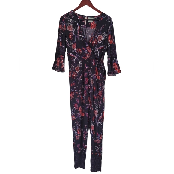 Mauve Anthropologie Purple Floral Faux Wrap Ankle Length Jumpsuit 8 Medium - Picture 2 of 5